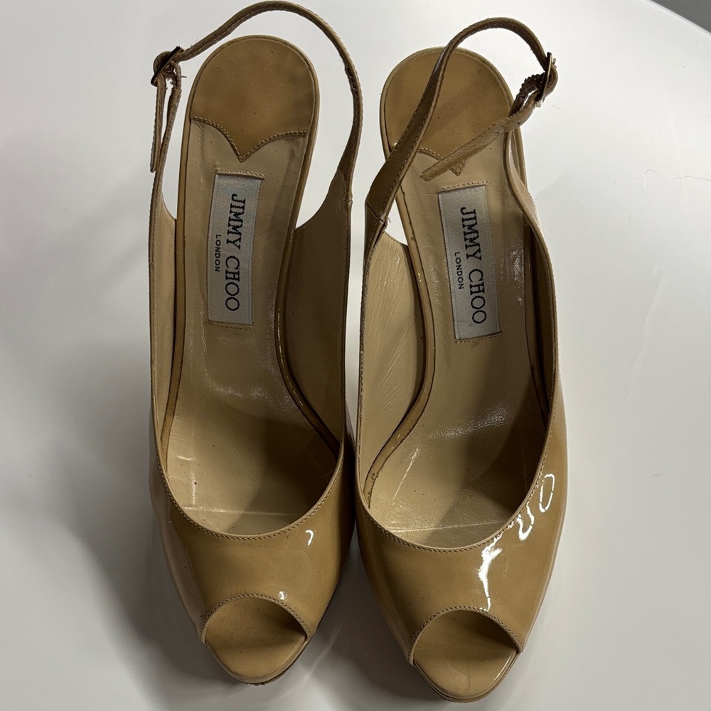 Jimmy Choo nude Patent Peep-Toe Slingback Heels